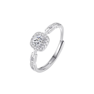 Adjustable silver chain ring with a brilliant square cut diamond and halo for women