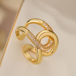 Elegant 18K gold plated geometric double-layer ring with sparkling zircon stones