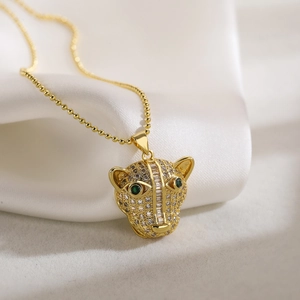18K gold plated leopard head pendant necklace with zircon and green gemstone eyes