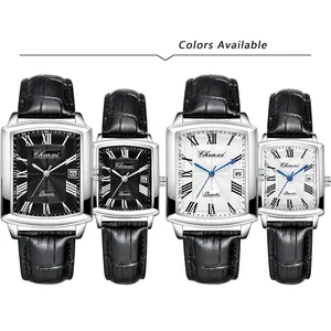 Classic square quartz watch with Roman numerals and black crocodile leather strap for couples