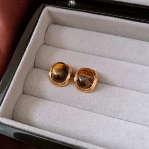 18k gold plated tiger eye stone stud earrings for women in a vintage square design
