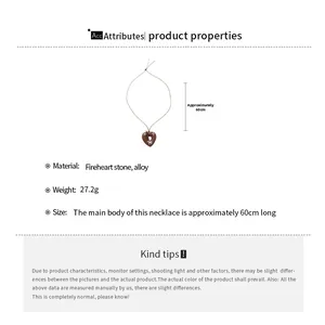 Detail of Fireheart stone heart pendant with alloy chain and product dimensions