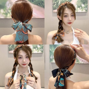 Retro Baroque Style Satin Satin Ribbon Bow Headband Elegant Chain Print Hair Hoop With Non-Slip Teeth Accessories For Women