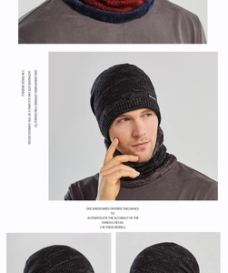 Detailed knit texture of men's winter warm hat and scarf set with fleece lining