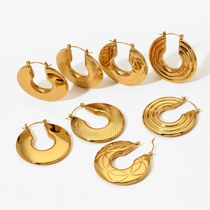 Set of chunky irregular open hoop earrings in gold plated stainless steel for women
