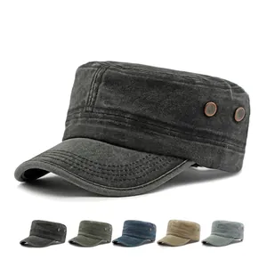 Cadet Cap Washed Cotton Flat Top Hat Military Style Breathable Sun Protection Vintage Adjustable For Men