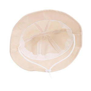 Cute baby bunny ear bucket hat in beige with breathable mesh lining and windproof strap