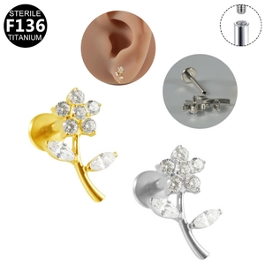 G23 titanium flower labret stud with white zircon and internal thread design