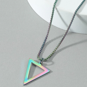 Rainbow plated stainless steel hollow triangle pendant necklace on box chain for men
