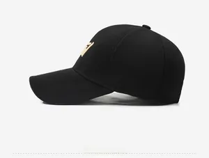 Detailed side view of black baseball cap with high-quality gold 3D letter embroidery