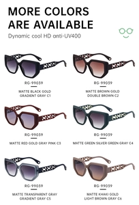 Detailed grid display of cat-eye sunglasses in six colors with hollow metal temples