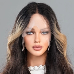 Front view of a long wavy lace front wig with middle part and brown blonde balayage hair