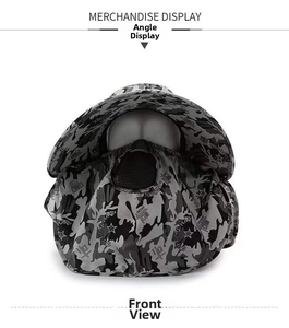Detail of gray camo sun hat with breathable face mask and neck flap for full outdoor protection