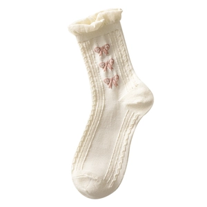 Japanese style cream white lace socks with pink bows and vertical knit patterns