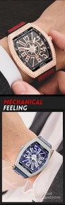 Close-up of diamond-encrusted tonneau men's watch with skeleton dial and silicone strap