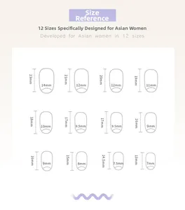 Size chart showing 12 precision dimensions for pink and purple wave press-on nails