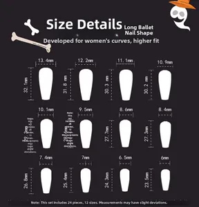 Size guide for Halloween press-on nails showing 12 coffin shape dimensions and 24 pieces