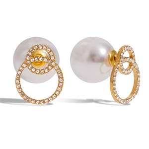Close-up of double gold hoops with sparkling rhinestones and white ABS pearl studs