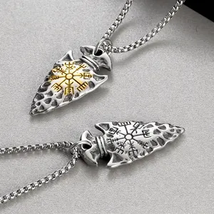 Men Viking Arrowhead Pendant Necklace Stainless Steel Vegvisir Compass Rune Amulet Vintage Punk Nordic Jewelry