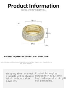 Macro detail of gold plated iced out ring with dimensions showing 10mm width and 19mm inner diameter