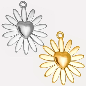 Detailed close-up of 304 stainless steel daisy heart pendants in silver and gold plating