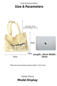 Canvas tote bag size guide showing 50cm width and comparison with a 14-inch laptop
