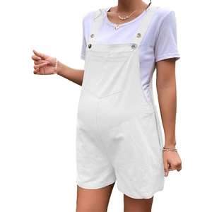 Detail view of white maternity overall shorts showing breathable fabric and adjustable waist
