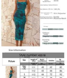 Size guide for floral sleeveless slit dress with measurements for S to XL sizes