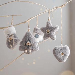 Christmas Plush Hanging Ornaments Faux Fur Grey White Nordic Style Xmas Tree Star Heart Stocking Glove Decoration
