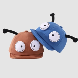 Baby cotton baseball cap with cartoon big eyes and soft brim in brown and blue