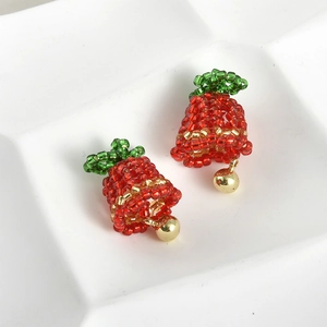 Handmade beaded strawberry earrings with red beads, green leaves and gold small bells