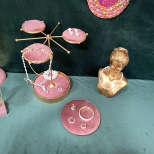 Pink velvet and gold metal jewelry display stand for necklaces, rings and bracelets