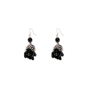 Ethnic style black crystal tassel earrings with sparkling rhinestone lantern hooks