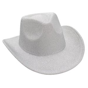 Detailed view of silver glitter western cowboy hat with sparkling sequin finish and wide brim