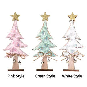 Three-piece set of wooden Christmas tree ornaments with fur texture and bells