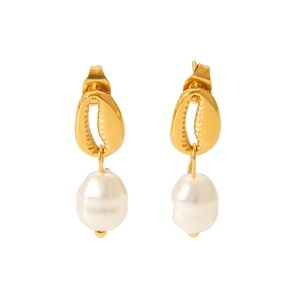 Detail of shell-shaped gold earrings with baroque pearl drops on white background