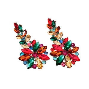 Vintage style floral drop earrings with colorful crystals on a gold metal base