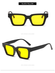 Detail view of black square frame sunglasses with yellow lenses from multiple angles