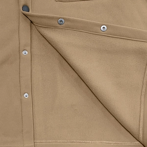 Macro detail of khaki fleece jacket with silver metal snap buttons and fine stitching