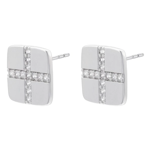 Macro detail of silver square stud earrings featuring white cubic zirconia cross inlay