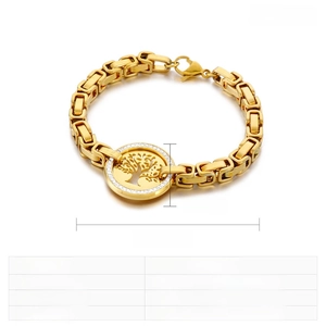 Detailed view of Tree of Life bracelet in gold finish with crystal inlay and sizing info