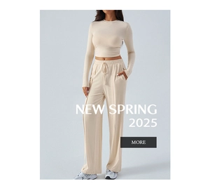 Detail of high-waisted wide-leg yoga pants with drawstring and ribbed knit long sleeve top
