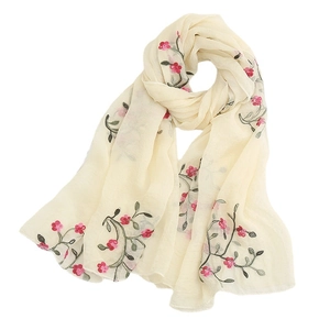 Elegant beige chiffon scarf featuring pink floral embroidery for sun protection
