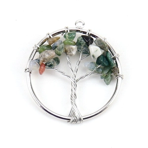 Close-up of Tree of Life pendant with natural mixed green crystals and silver wire wrap