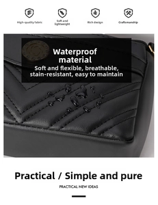 Black waterproof soft leather crossbody bag detail with chevron quilted texture and water drops.