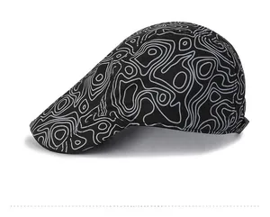 Side view of men's winter flat cap featuring a unique white contour line topographic pattern