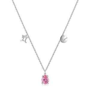 S925 sterling silver Gemini necklace featuring a pink teardrop stone and zodiac charms