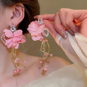 Floral Tassel Dangle Earrings Pink Cloth Flower Alloy Rhinestone With 925 Sterling Silver Earring Post Elegant For Women