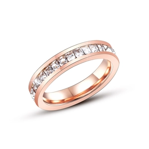 Detailed close-up of rose gold eternity ring with square-cut channel-set cubic zirconia