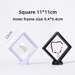 Detailed dimensions of 11x11cm 3D floating display frame with PE film and round base